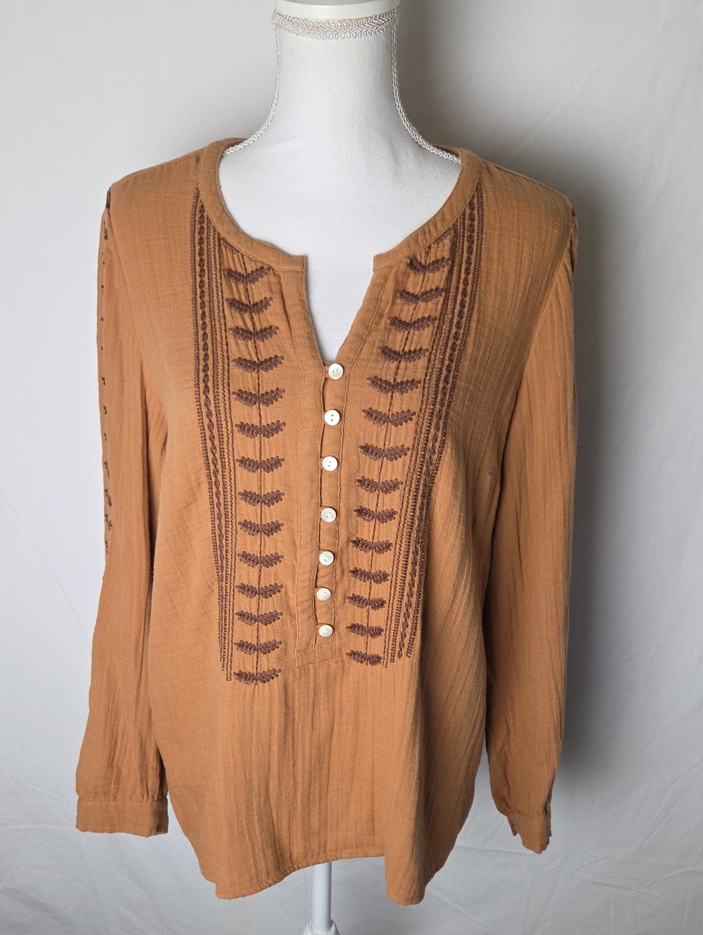 Pure J.Jill Boho Embroidered Button-Front Top - Tan/Brown Women's Medium Fall